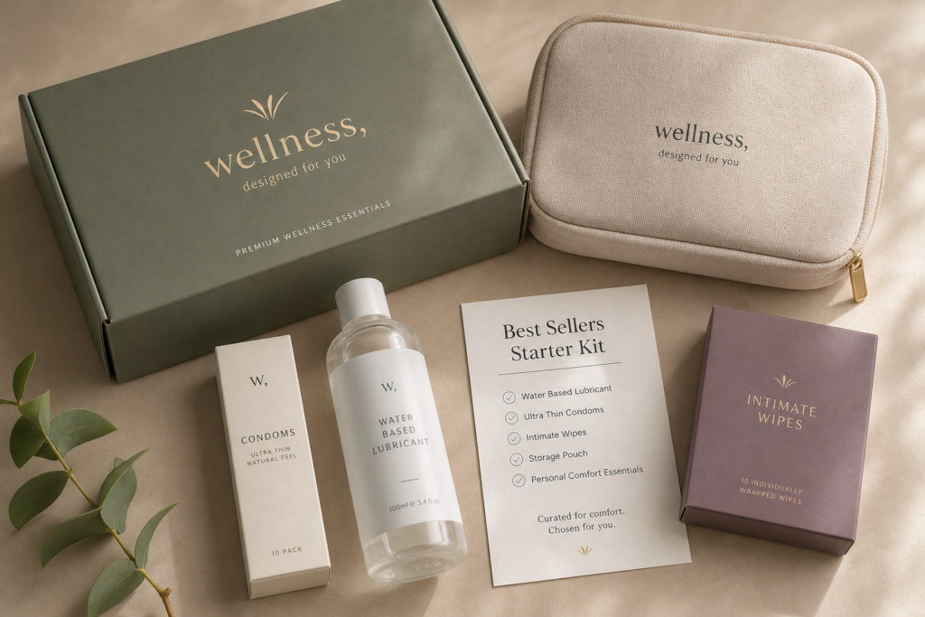 Discreet adult wellness best sellers starter kit with lubricant, condom box, storage pouch, and checklist