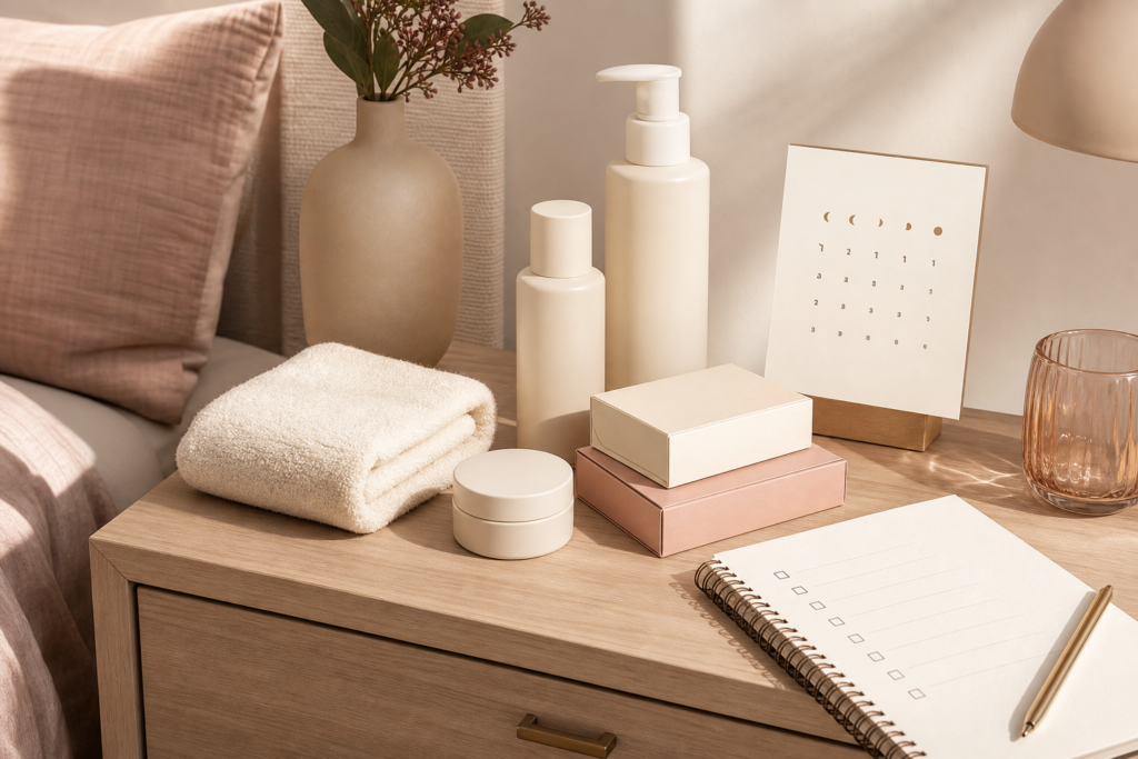 Tasteful flat lay of a private wellness restock checklist with sealed essentials and storage drawer