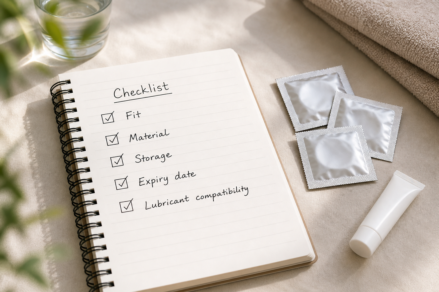 Checklist for condom material, fit, lubricant compatibility, expiry date, and discreet storage