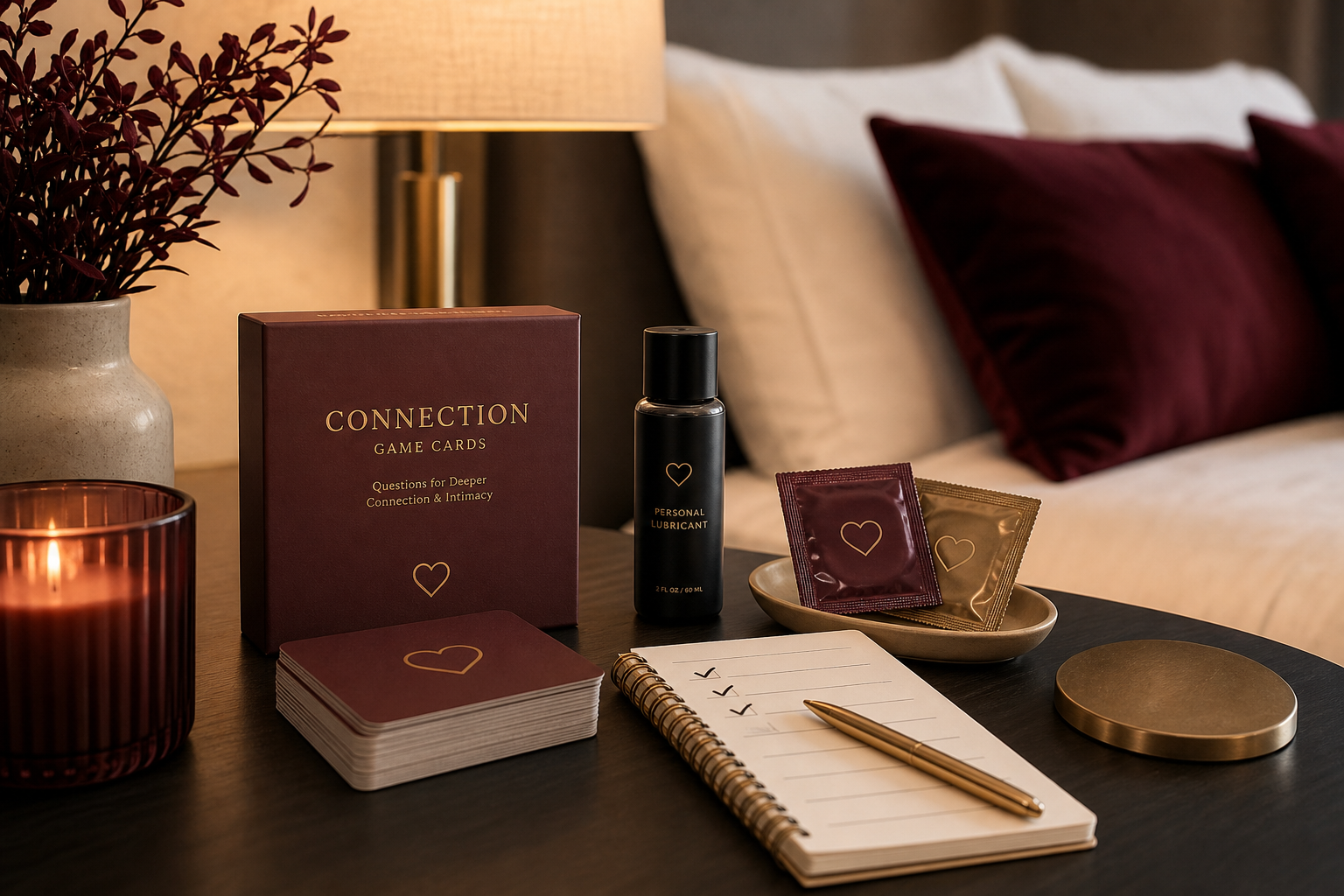 Tasteful bedside table with couples game cards, sealed condoms, lubricant, and a private wellness checklist