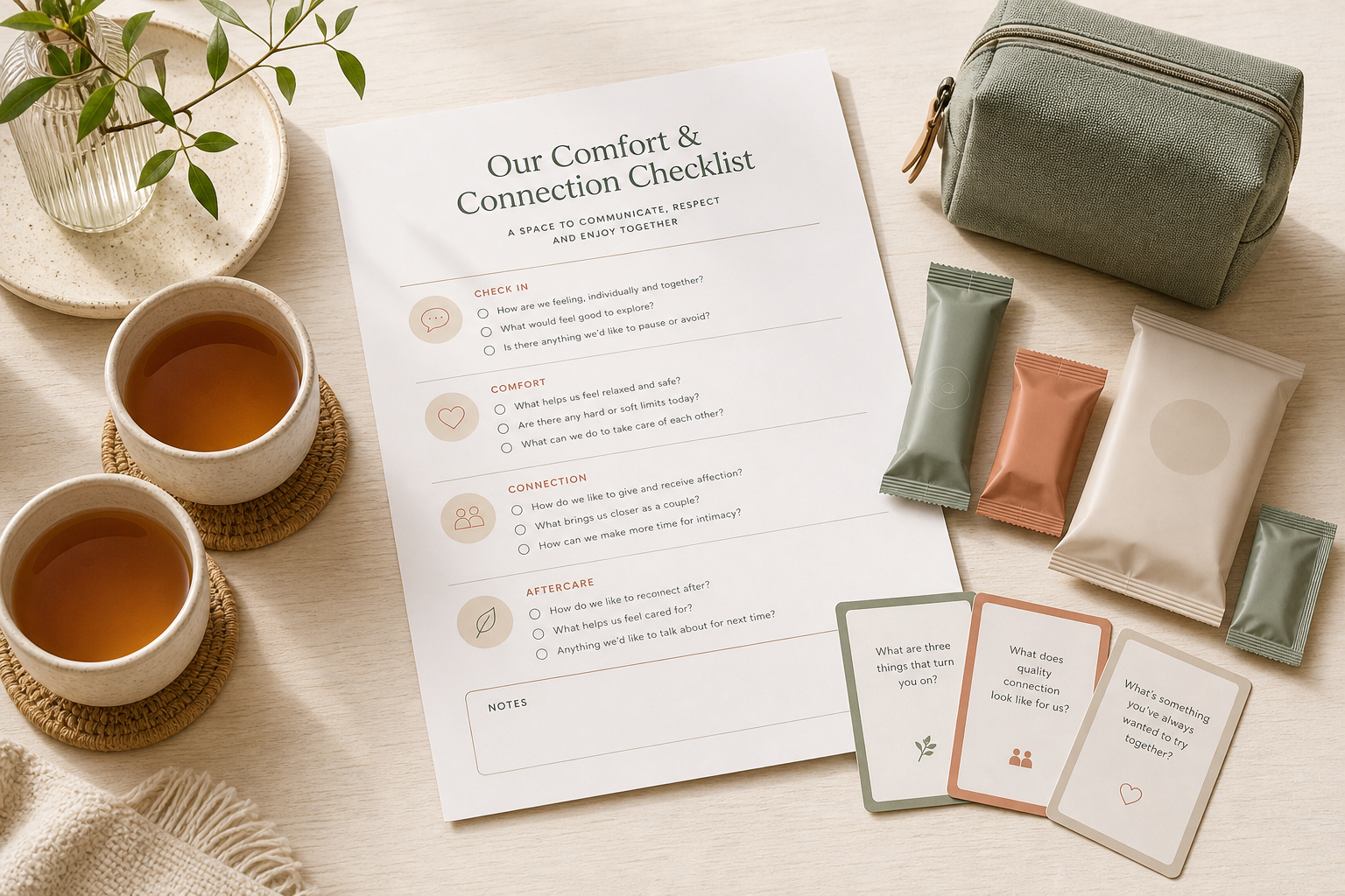 Flat lay of a consent and comfort checklist with conversation cards, tea, and discreet wellness essentials