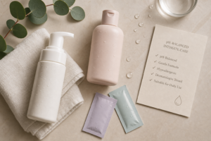 Tasteful flat lay of intimate care wash, treatment milk, and probiotic comfort products