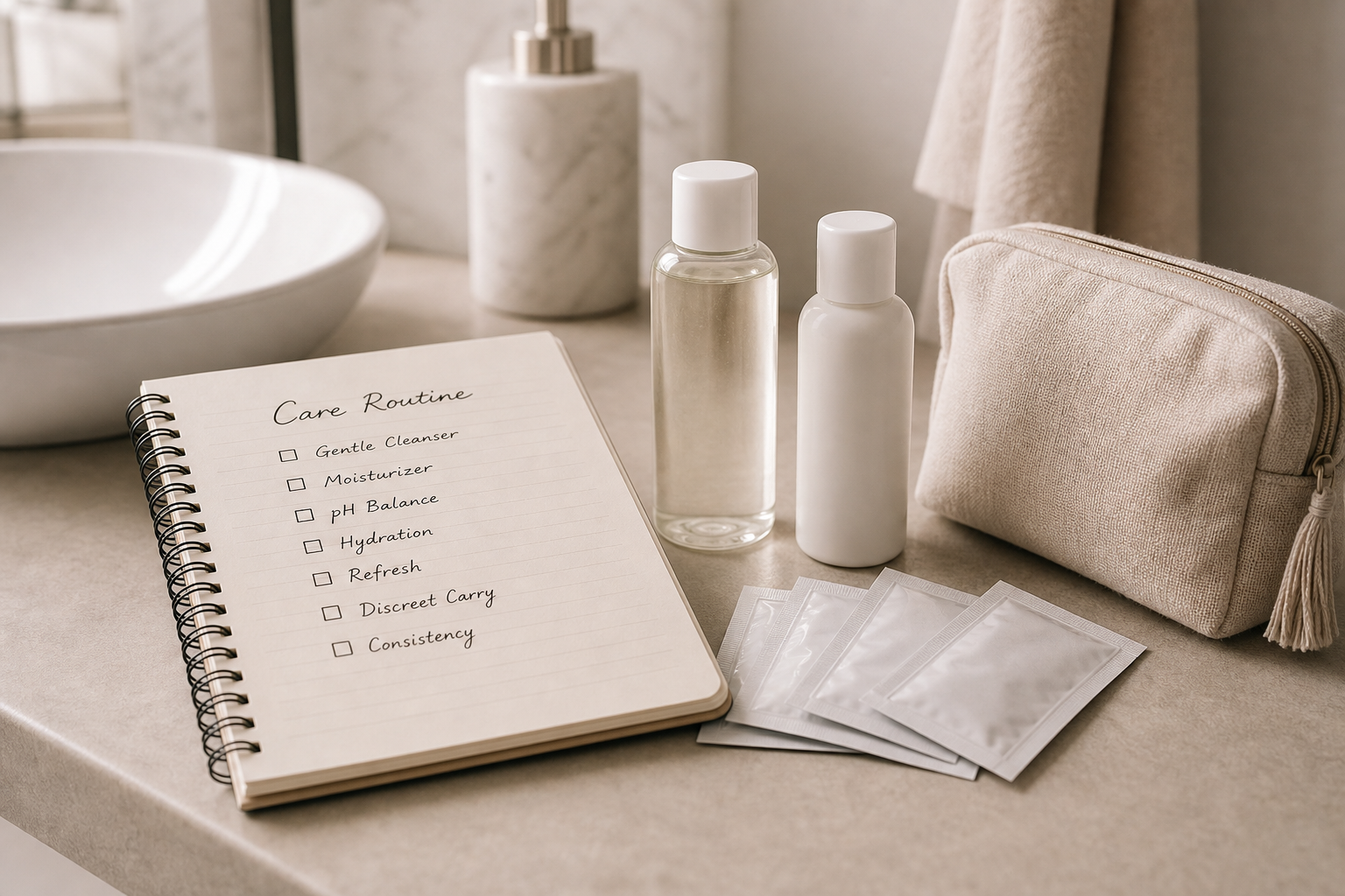 Notebook checklist with intimate care products and discreet storage pouch