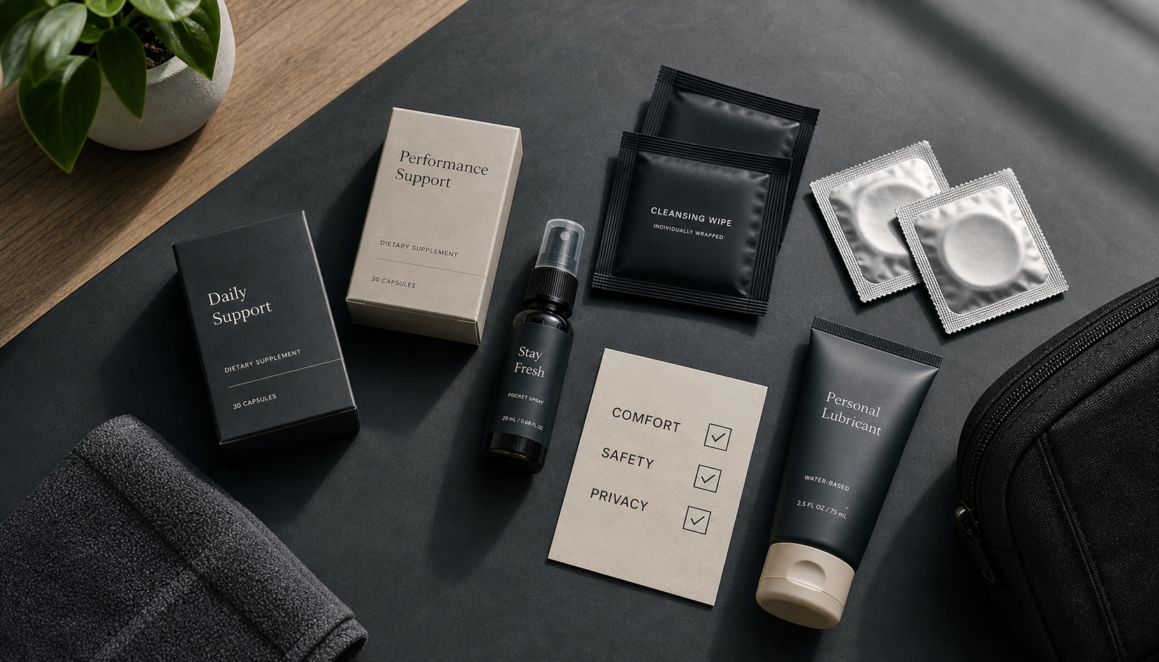 Discreet men’s wellness products arranged with a comfort, safety, and privacy checklist
