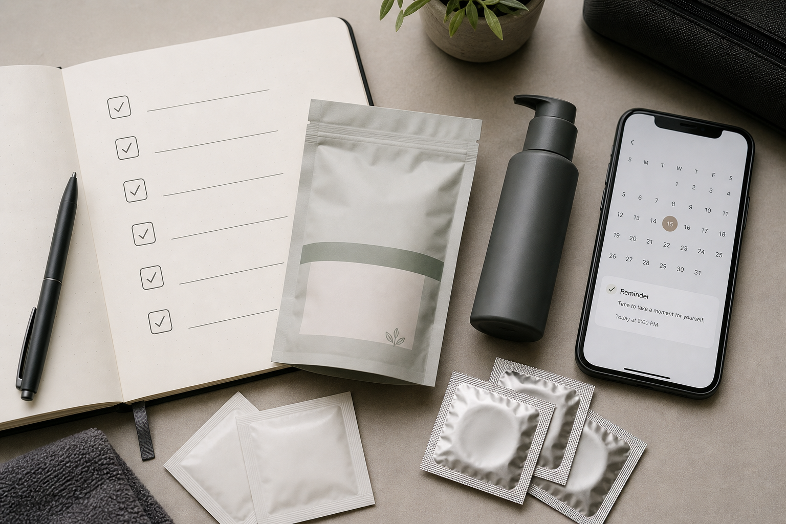 Notebook checklist with discreet men’s wellness essentials for planning a private routine