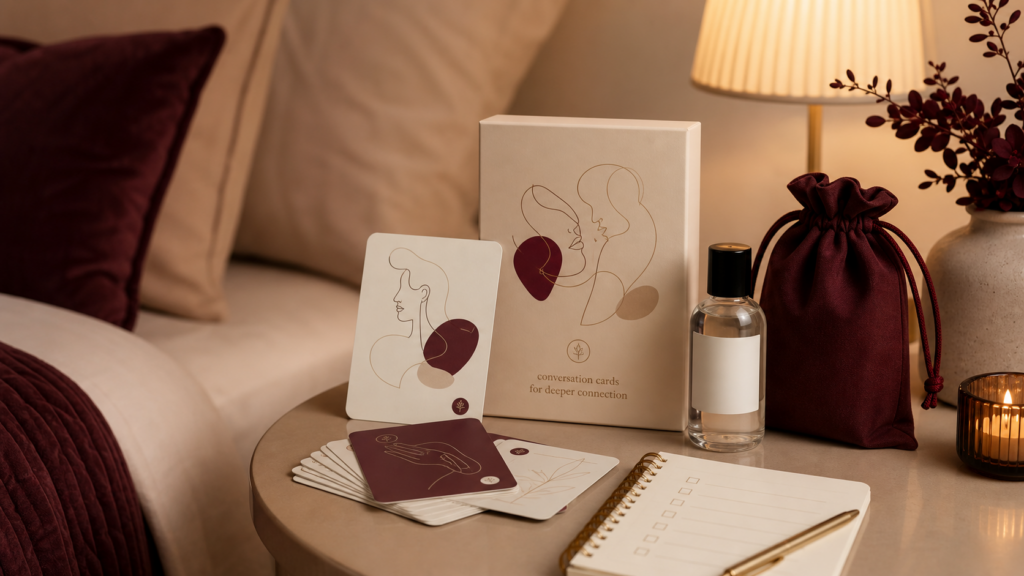 Occasion-based couples wellness gift kit with cards, lubricant, and discreet storage