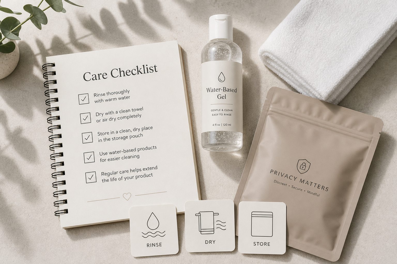 Discreet reusable wellness product care checklist with lubricant, towel, and storage pouch