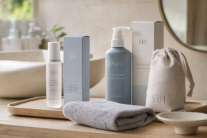 Discreet reusable wellness product care kit with water-based lubricant, towel, and storage pouch