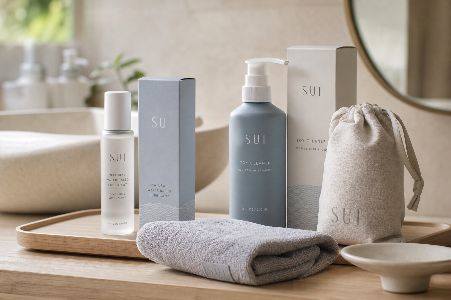 Discreet reusable wellness product care kit with water-based lubricant, towel, and storage pouch