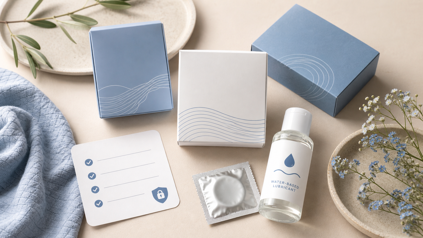 Discreet flat lay of non-latex condom boxes, lubricant, and a privacy checklist for a Wolftoyz SKYN guide.