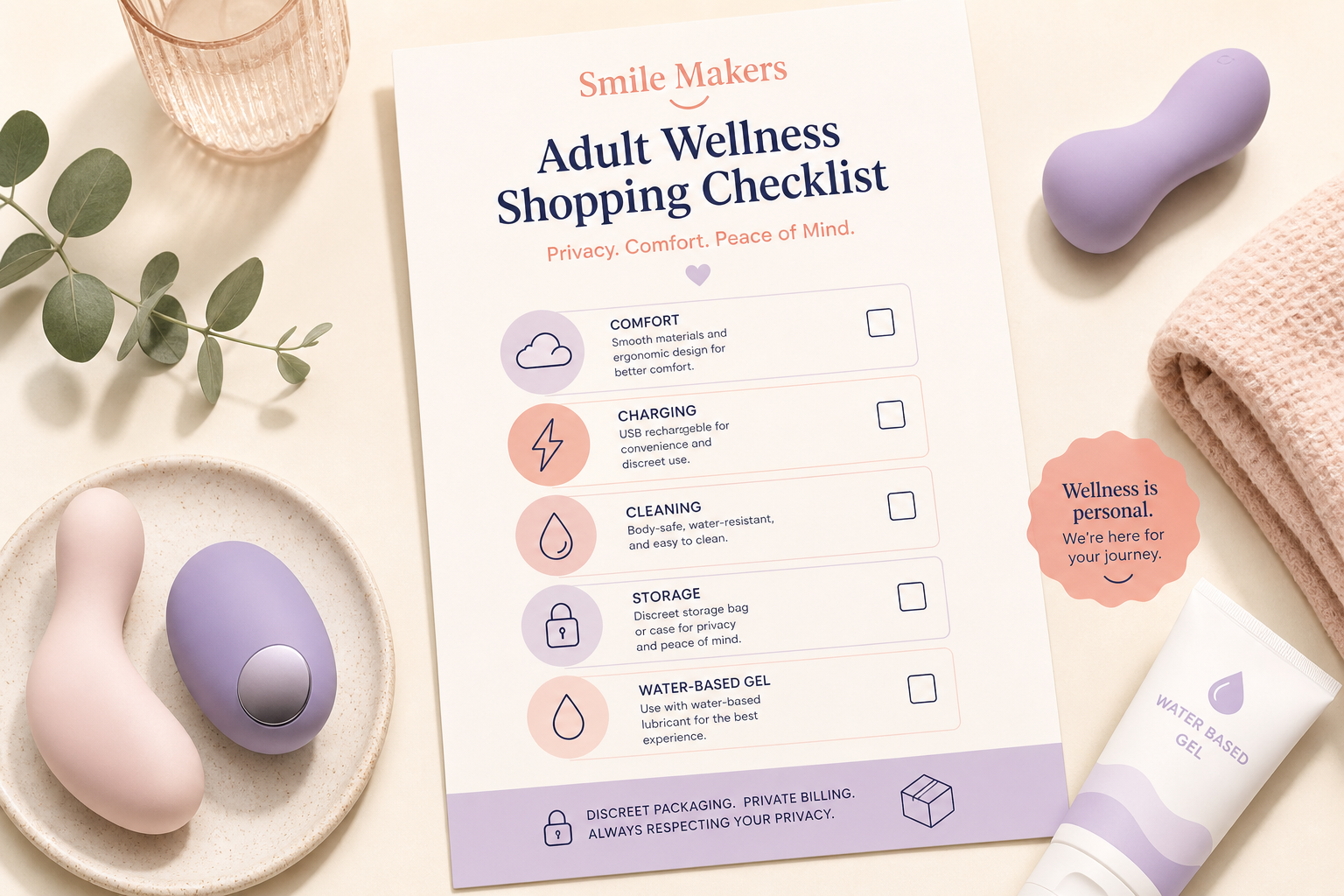 Checklist for comparing Smile Makers personal massagers, comfort, charging, cleaning, storage, and gel pairing