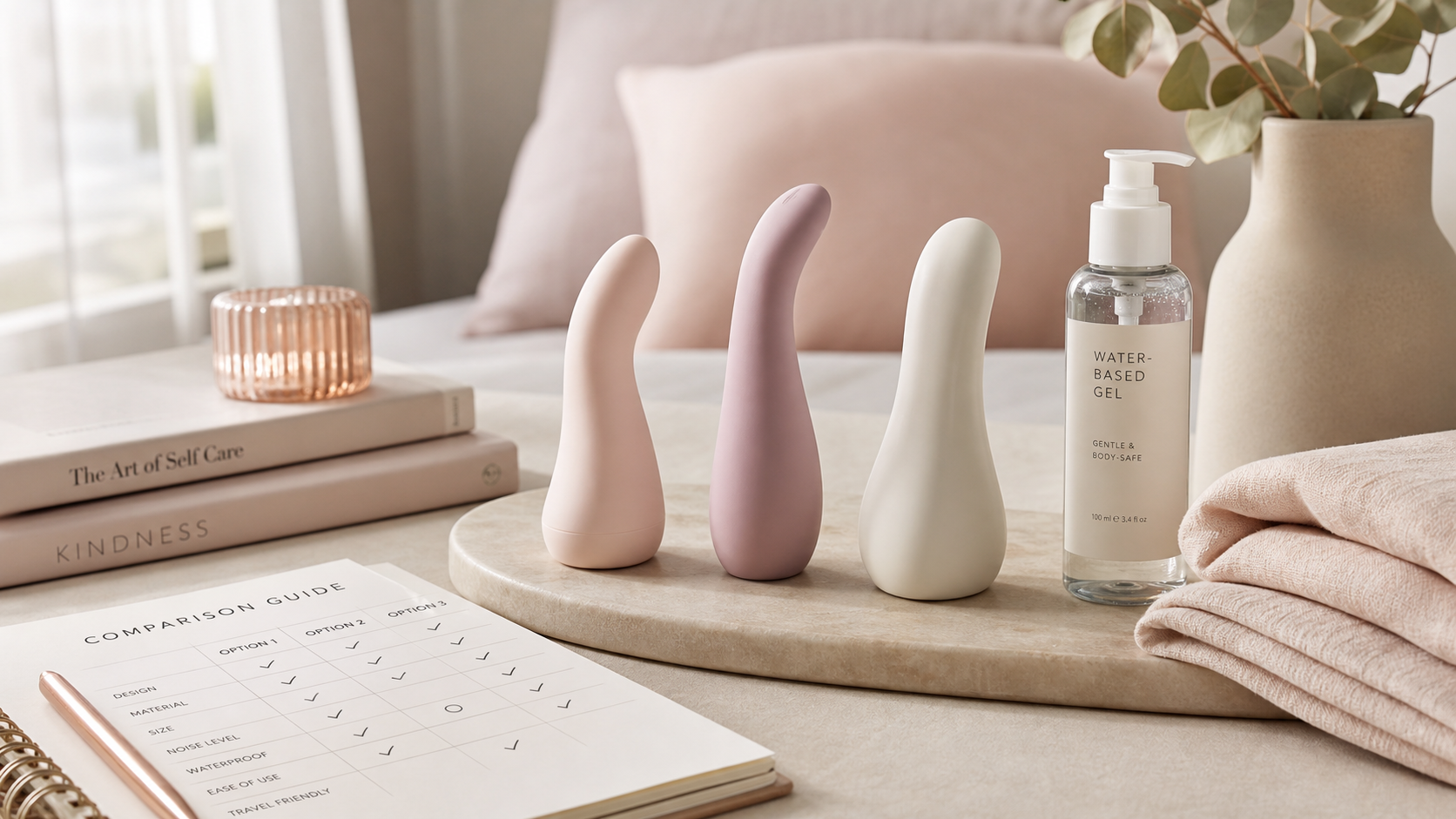 Tasteful flat lay of pastel wellness essentials for a Smile Makers personal massager comparison guide