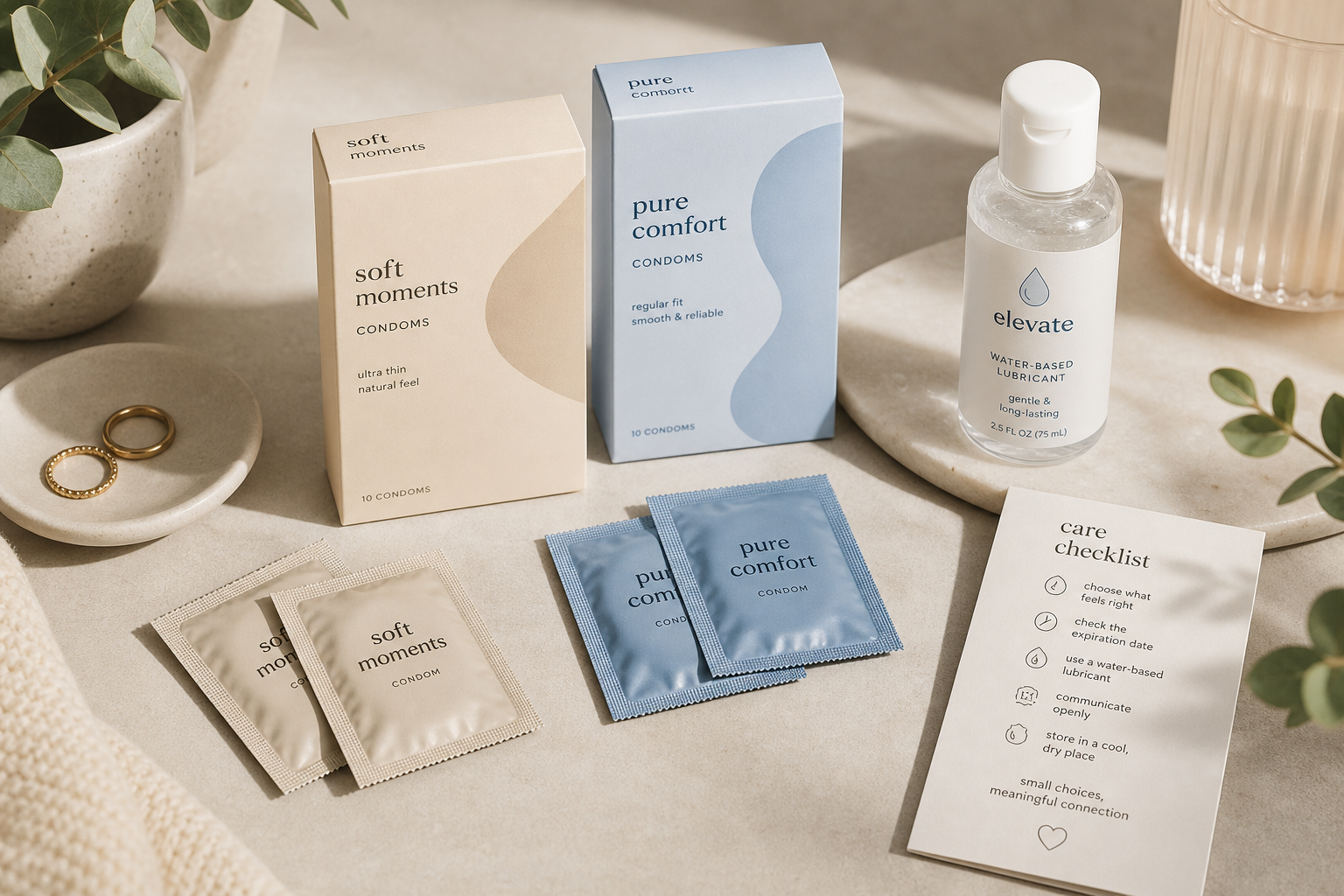 Discreet flat lay of condom packets, lubricant, and a private wellness checklist