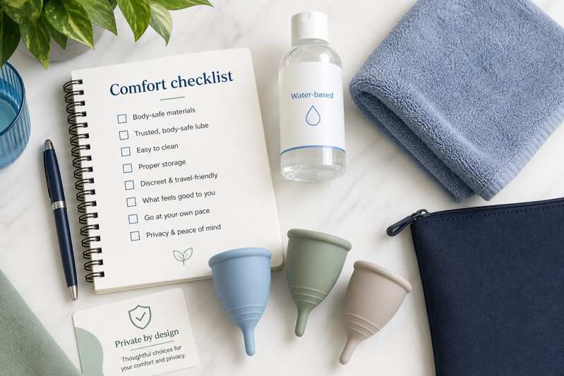 Checklist flat lay with water-based lubricant, towel, discreet pouch, and compact wellness product silhouettes