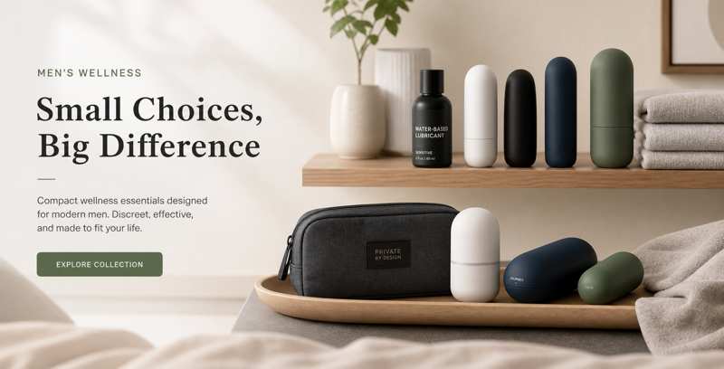 Tasteful flat lay of compact wellness products, lubricant, towel, and discreet storage pouch for a TENGA Moova care guide