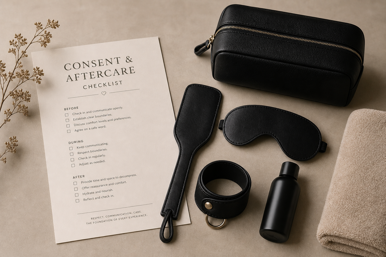 Consent and aftercare checklist beside discreet UPKO-style leather accessories